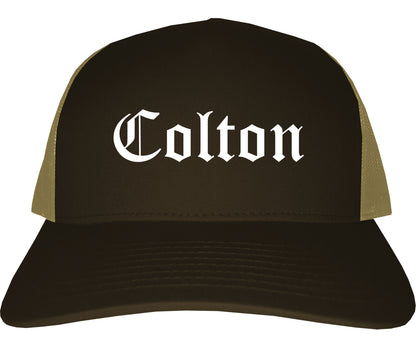 Colton California CA Old English Mens Trucker Hat Cap Brown