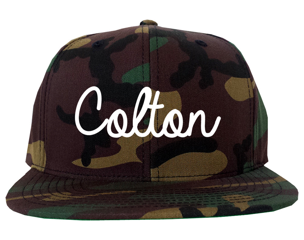 Colton California CA Script Mens Snapback Hat Army Camo