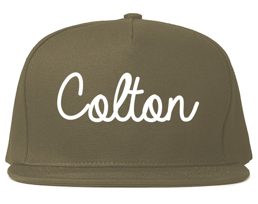 Colton California CA Script Mens Snapback Hat Grey