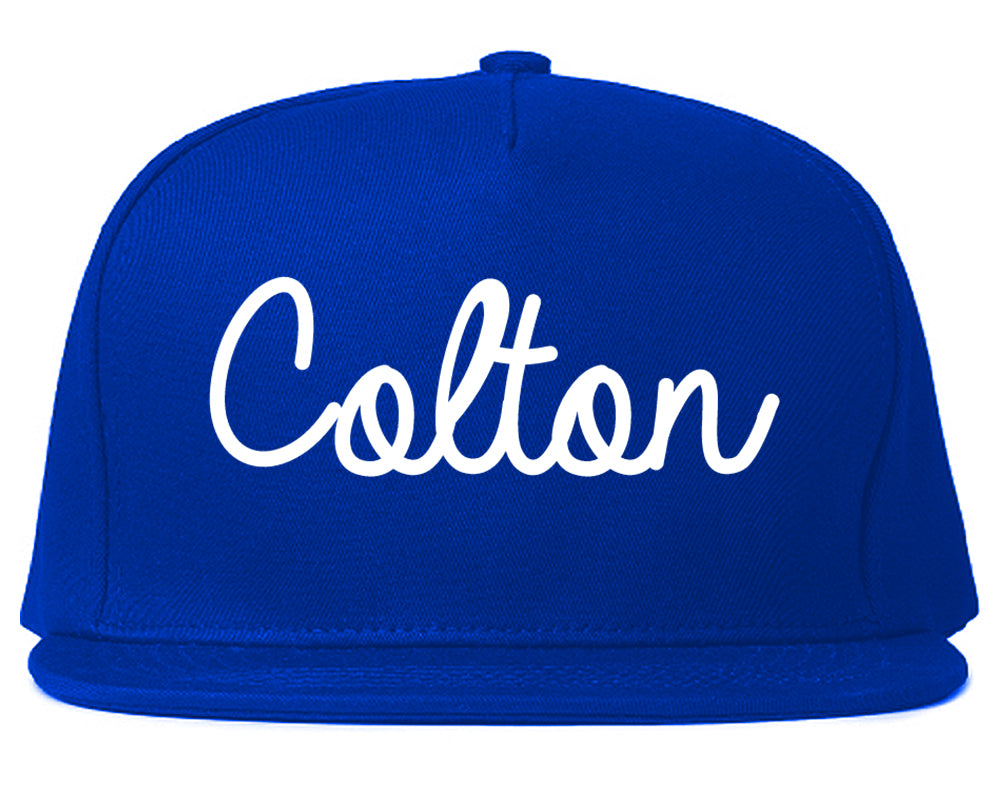 Colton California CA Script Mens Snapback Hat Royal Blue