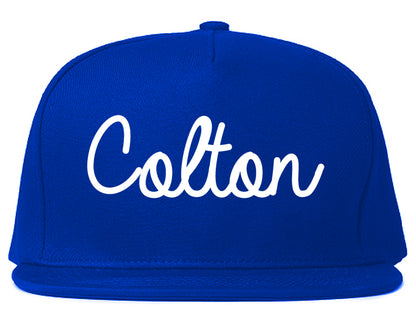 Colton California CA Script Mens Snapback Hat Royal Blue