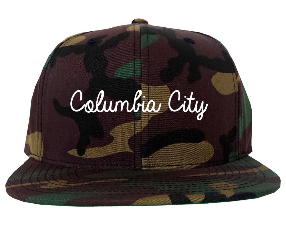 Columbia City Indiana IN Script Mens Snapback Hat Army Camo