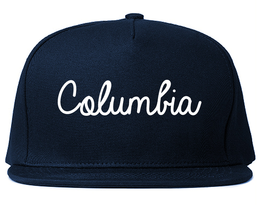 Columbia Missouri MO Script Mens Snapback Hat Navy Blue