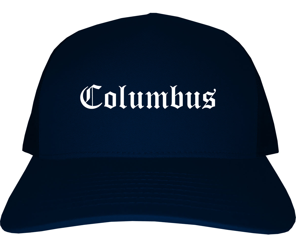 Columbus Nebraska NE Old English Mens Trucker Hat Cap Navy Blue