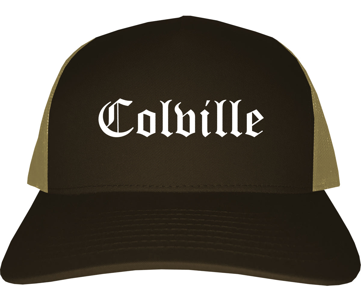 Colville Washington WA Old English Mens Trucker Hat Cap Brown