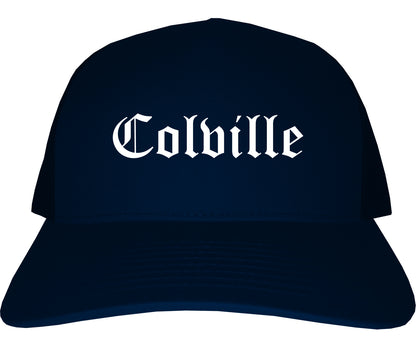 Colville Washington WA Old English Mens Trucker Hat Cap Navy Blue