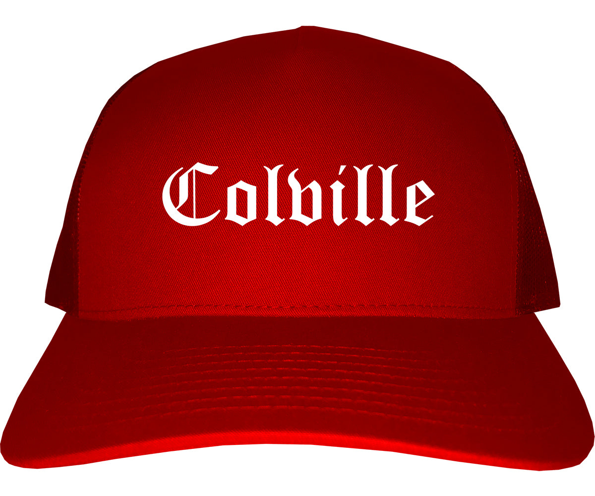 Colville Washington WA Old English Mens Trucker Hat Cap Red