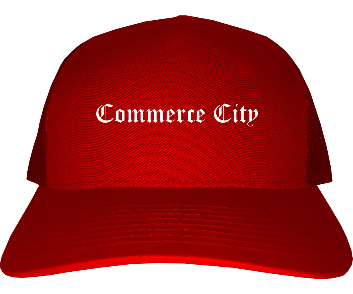 Commerce City Colorado CO Old English Mens Trucker Hat Cap Red