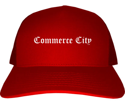Commerce City Colorado CO Old English Mens Trucker Hat Cap Red
