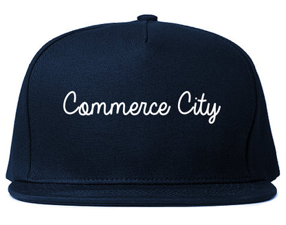 Commerce City Colorado CO Script Mens Snapback Hat Navy Blue