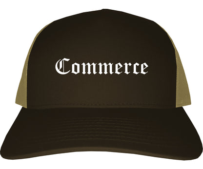 Commerce Georgia GA Old English Mens Trucker Hat Cap Brown