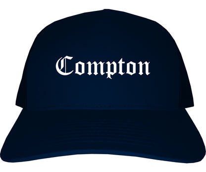 Compton California CA Old English Mens Trucker Hat Cap Navy Blue