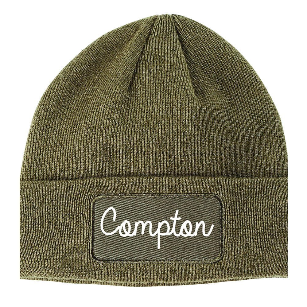 Compton California CA Script Mens Knit Beanie Hat Cap Olive Green