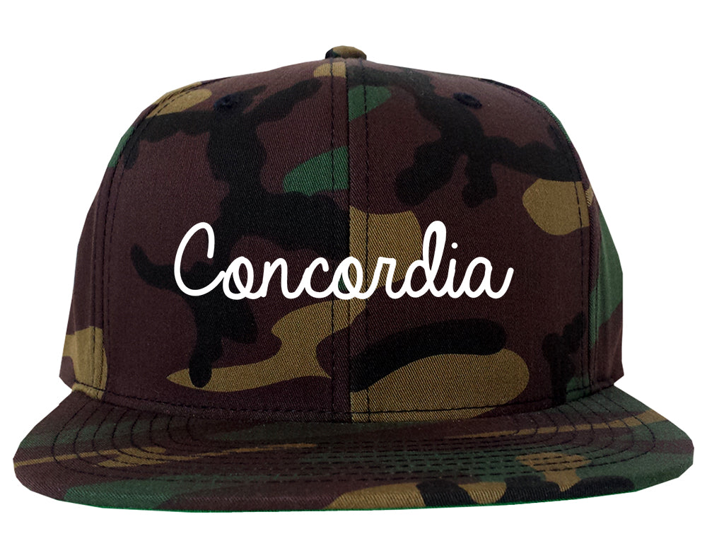 Concordia Kansas KS Script Mens Snapback Hat Army Camo