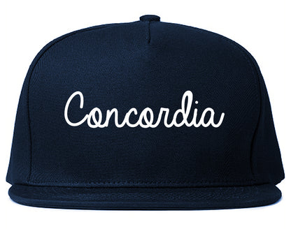Concordia Kansas KS Script Mens Snapback Hat Navy Blue