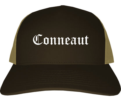 Conneaut Ohio OH Old English Mens Trucker Hat Cap Brown