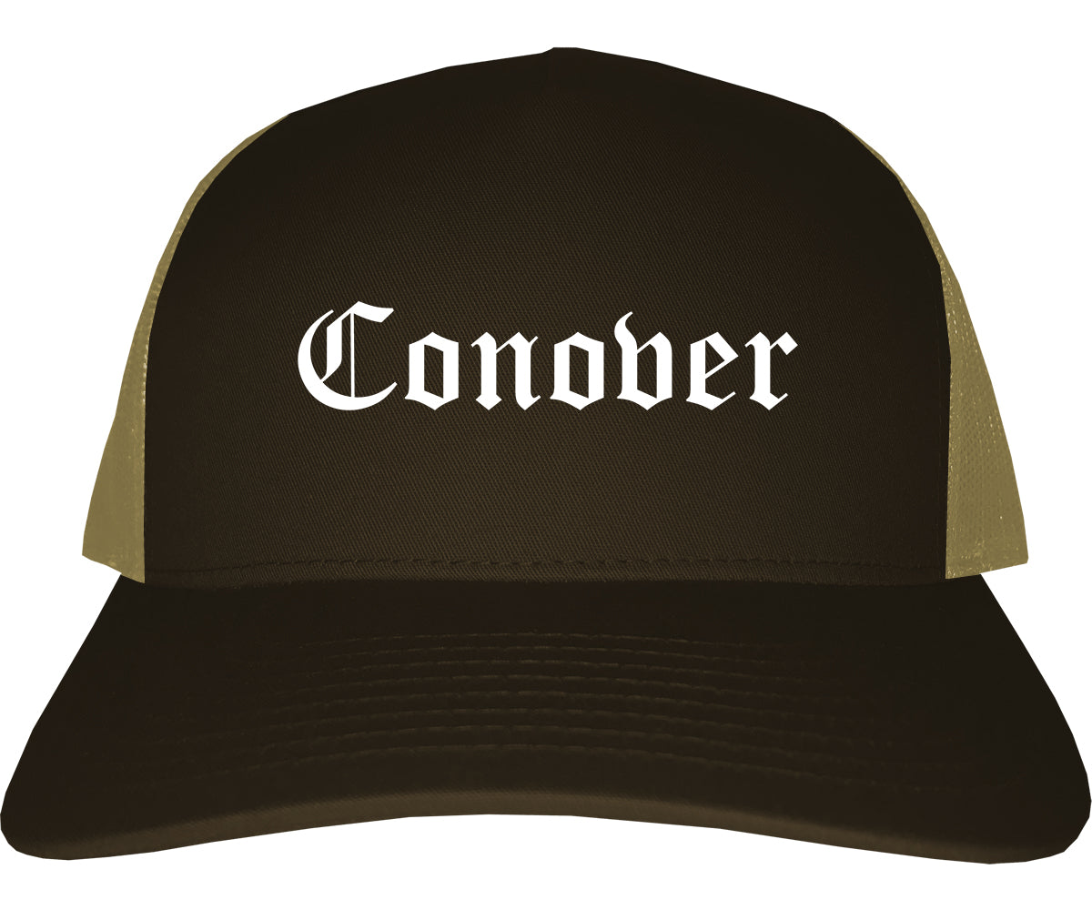 Conover North Carolina NC Old English Mens Trucker Hat Cap Brown