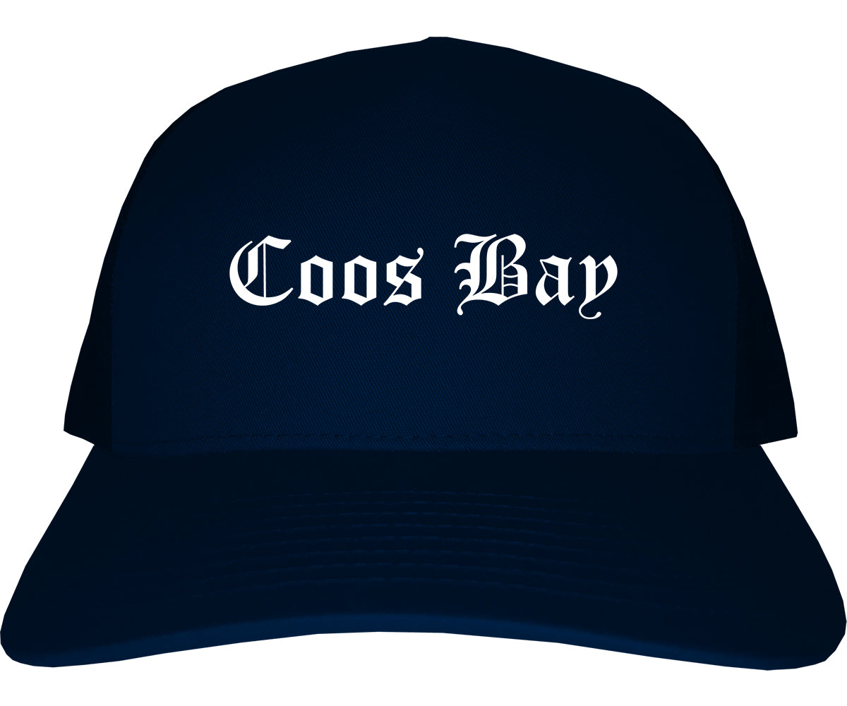Coos Bay Oregon OR Old English Mens Trucker Hat Cap Navy Blue