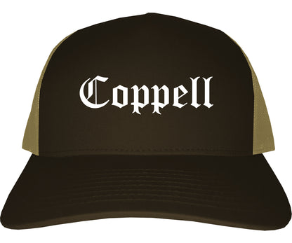 Coppell Texas TX Old English Mens Trucker Hat Cap Brown