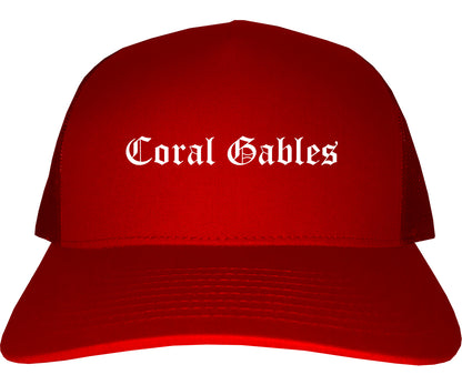 Coral Gables Florida FL Old English Mens Trucker Hat Cap Red