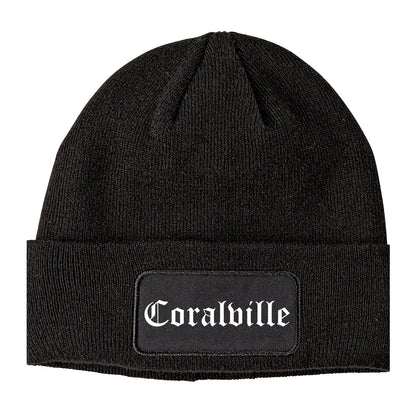 Coralville Iowa IA Old English Mens Knit Beanie Hat Cap Black