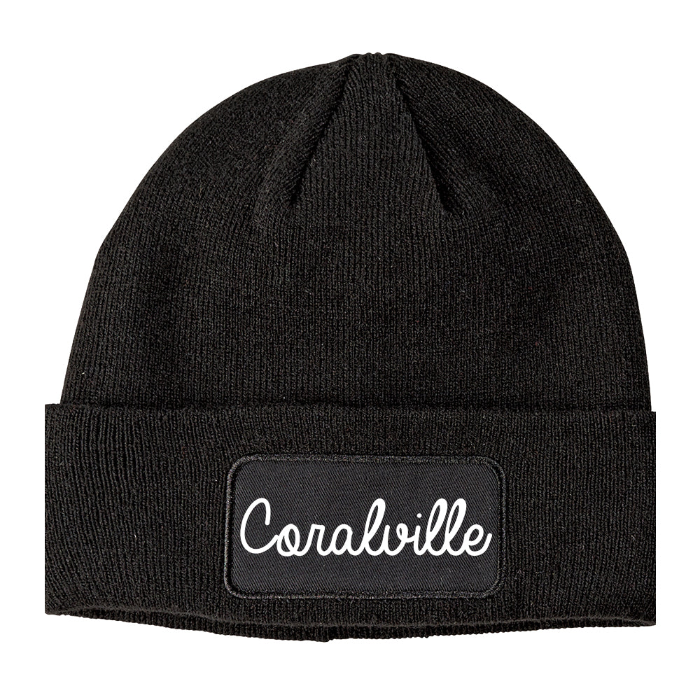 Coralville Iowa IA Script Mens Knit Beanie Hat Cap Black