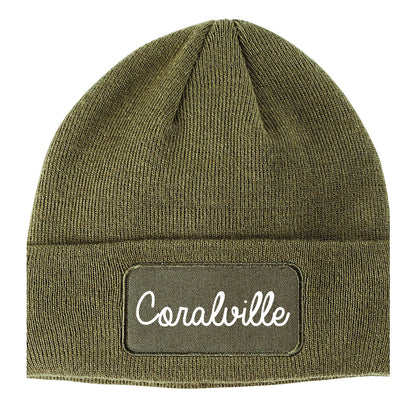 Coralville Iowa IA Script Mens Knit Beanie Hat Cap Olive Green