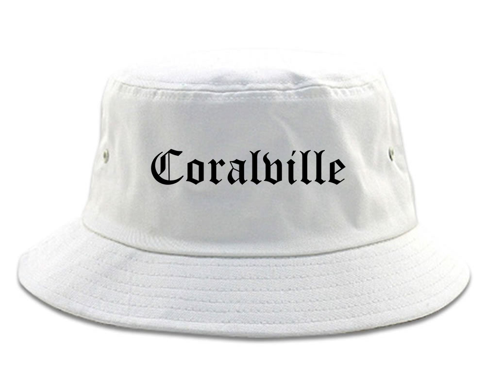 Coralville Iowa IA Old English Mens Bucket Hat White