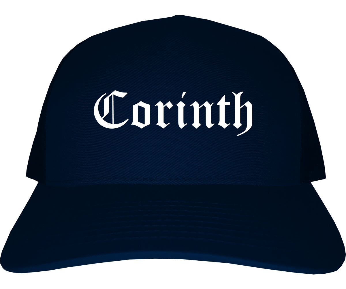 Corinth Mississippi MS Old English Mens Trucker Hat Cap Navy Blue