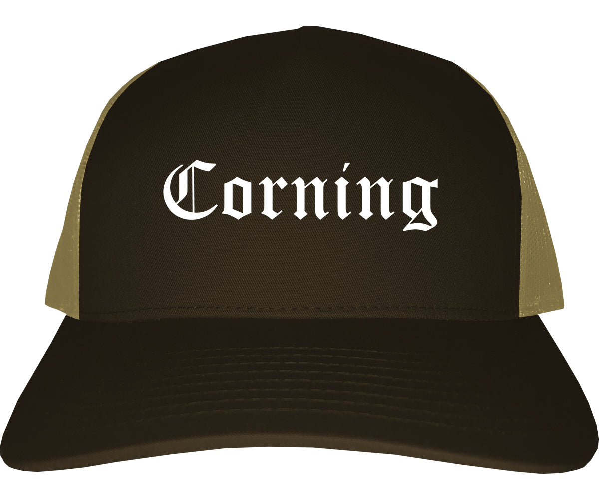 Corning California CA Old English Mens Trucker Hat Cap Brown
