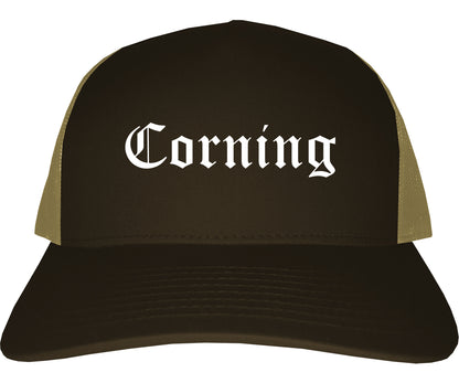 Corning California CA Old English Mens Trucker Hat Cap Brown