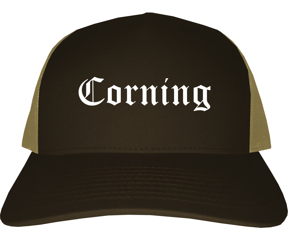 Corning New York NY Old English Mens Trucker Hat Cap Brown