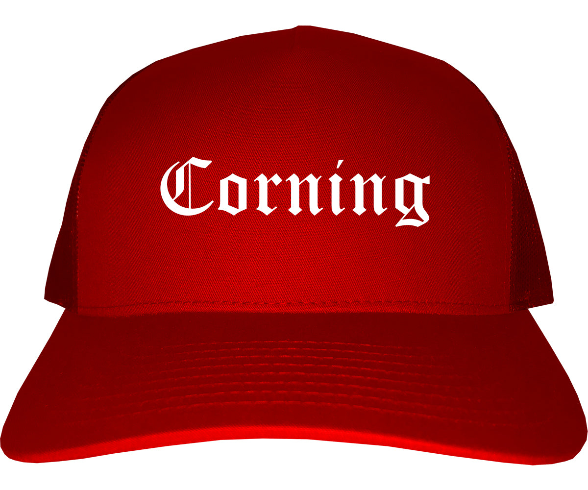 Corning New York NY Old English Mens Trucker Hat Cap Red