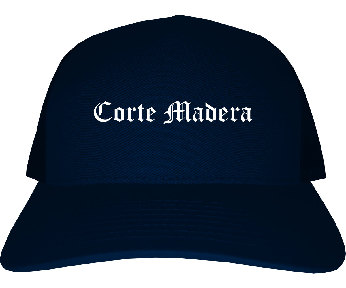 Corte Madera California CA Old English Mens Trucker Hat Cap Navy Blue