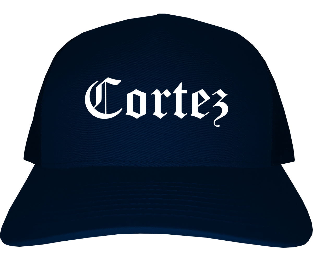 Cortez Colorado CO Old English Mens Trucker Hat Cap Navy Blue