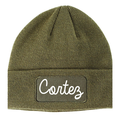 Cortez Colorado CO Script Mens Knit Beanie Hat Cap Olive Green