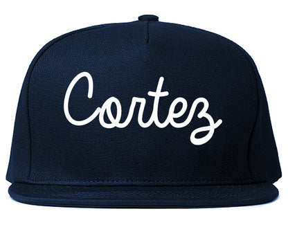 Cortez Colorado CO Script Mens Snapback Hat Navy Blue