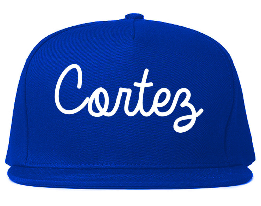 Cortez Colorado CO Script Mens Snapback Hat Royal Blue