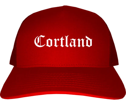 Cortland New York NY Old English Mens Trucker Hat Cap Red