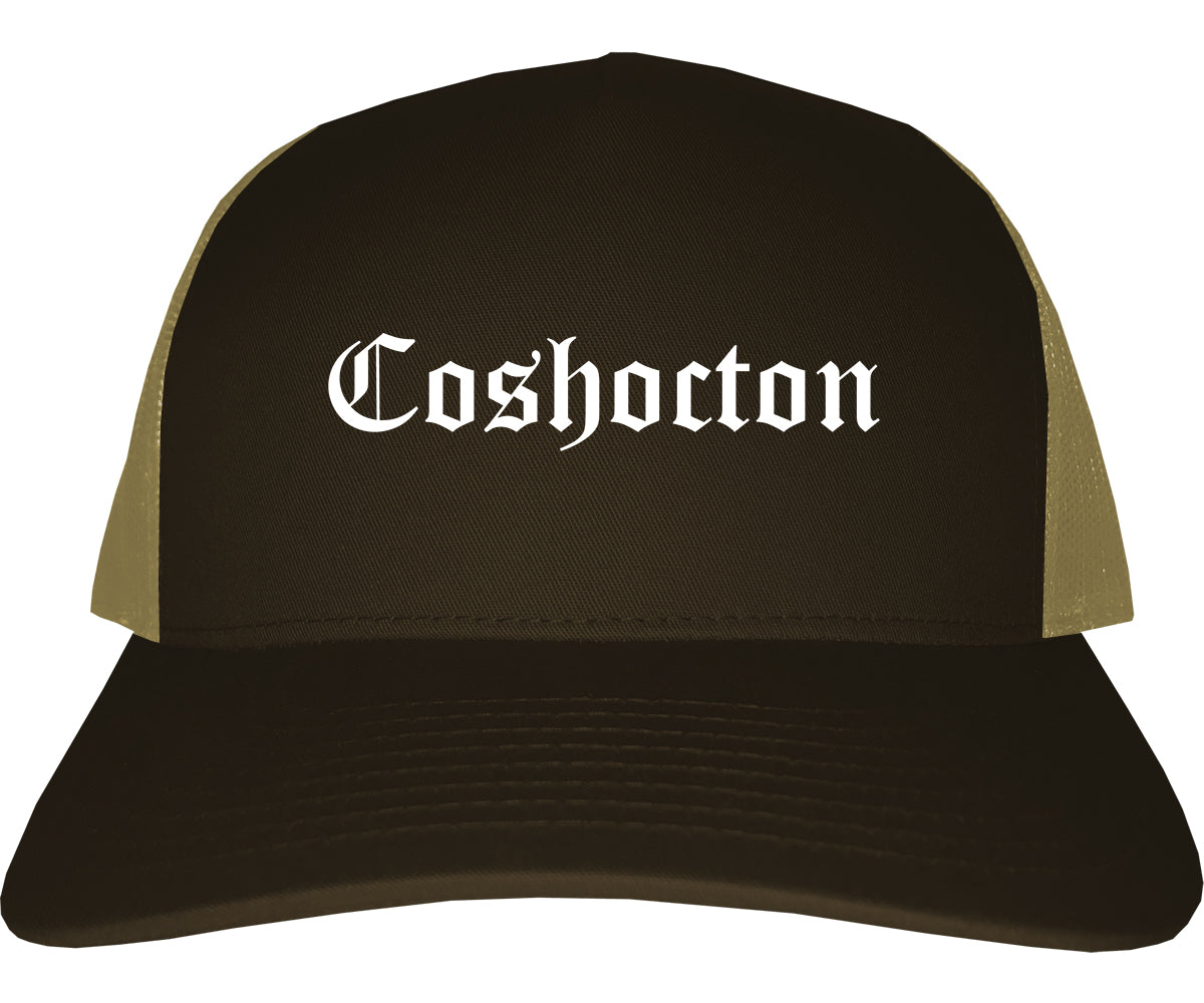 Coshocton Ohio OH Old English Mens Trucker Hat Cap Brown