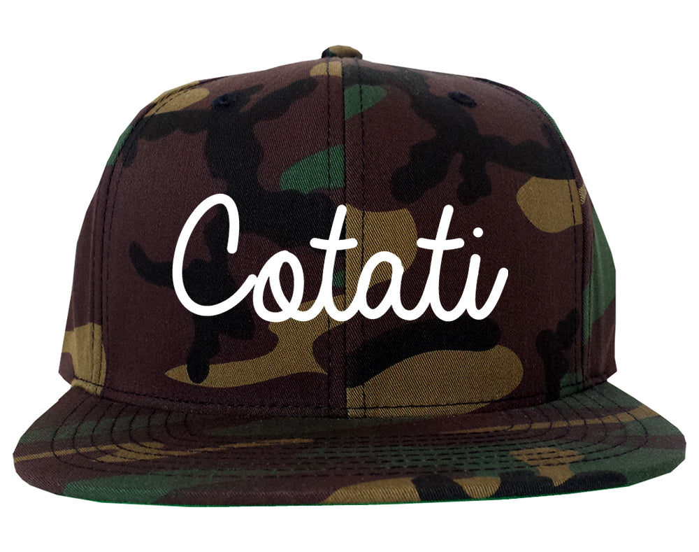 Cotati California CA Script Mens Snapback Hat Army Camo
