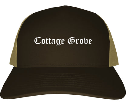 Cottage Grove Wisconsin WI Old English Mens Trucker Hat Cap Brown