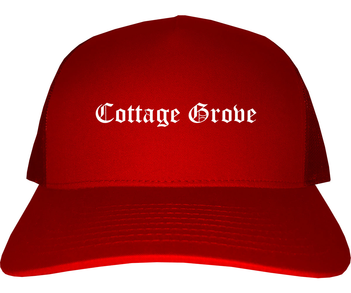 Cottage Grove Wisconsin WI Old English Mens Trucker Hat Cap Red