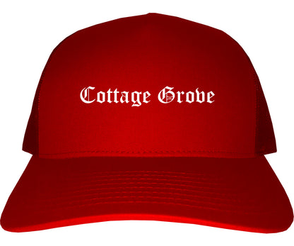 Cottage Grove Wisconsin WI Old English Mens Trucker Hat Cap Red