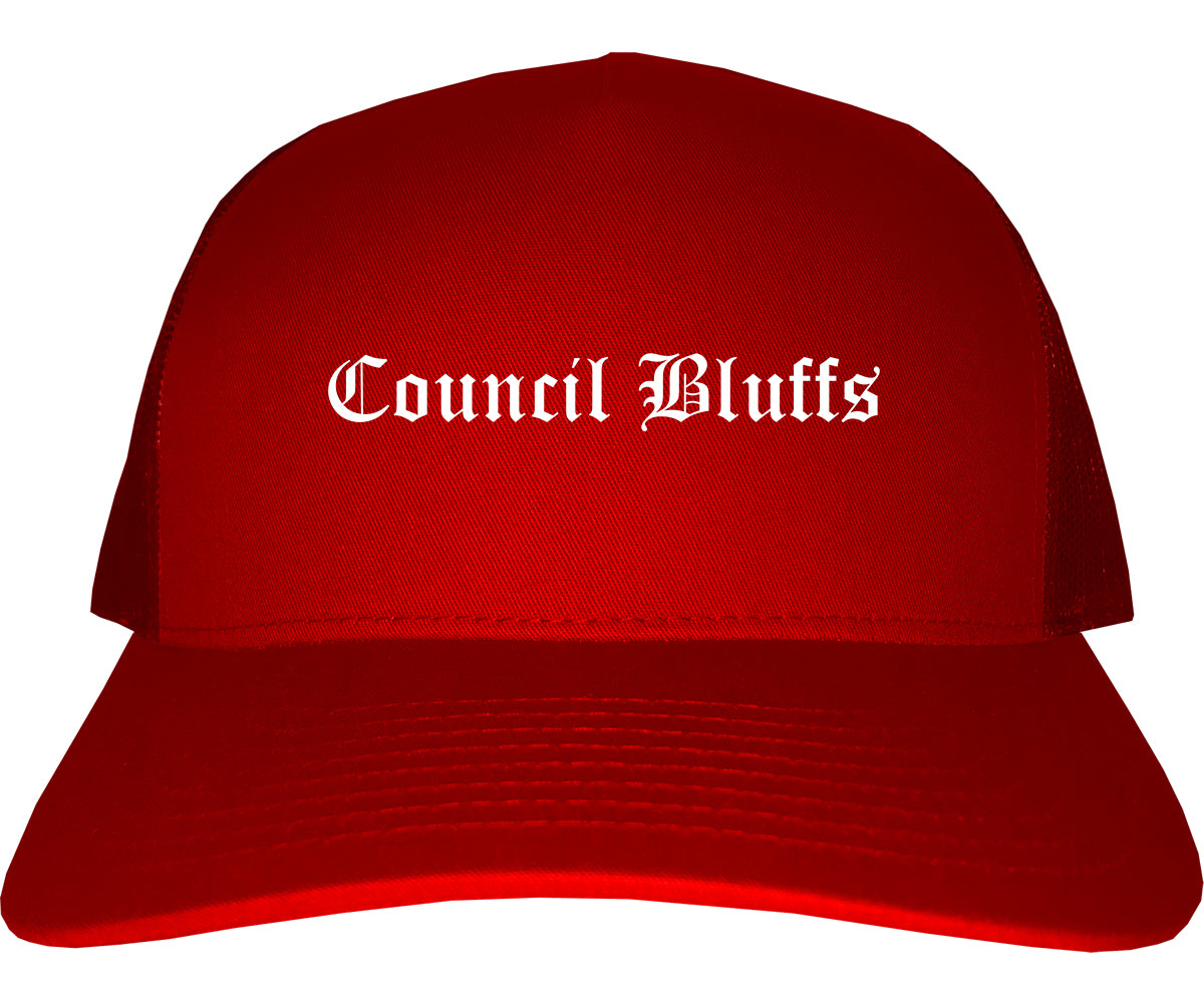 Council Bluffs Iowa IA Old English Mens Trucker Hat Cap Red