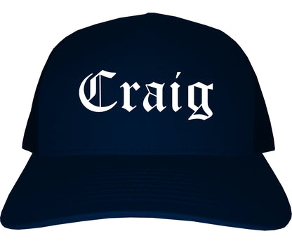 Craig Colorado CO Old English Mens Trucker Hat Cap Navy Blue