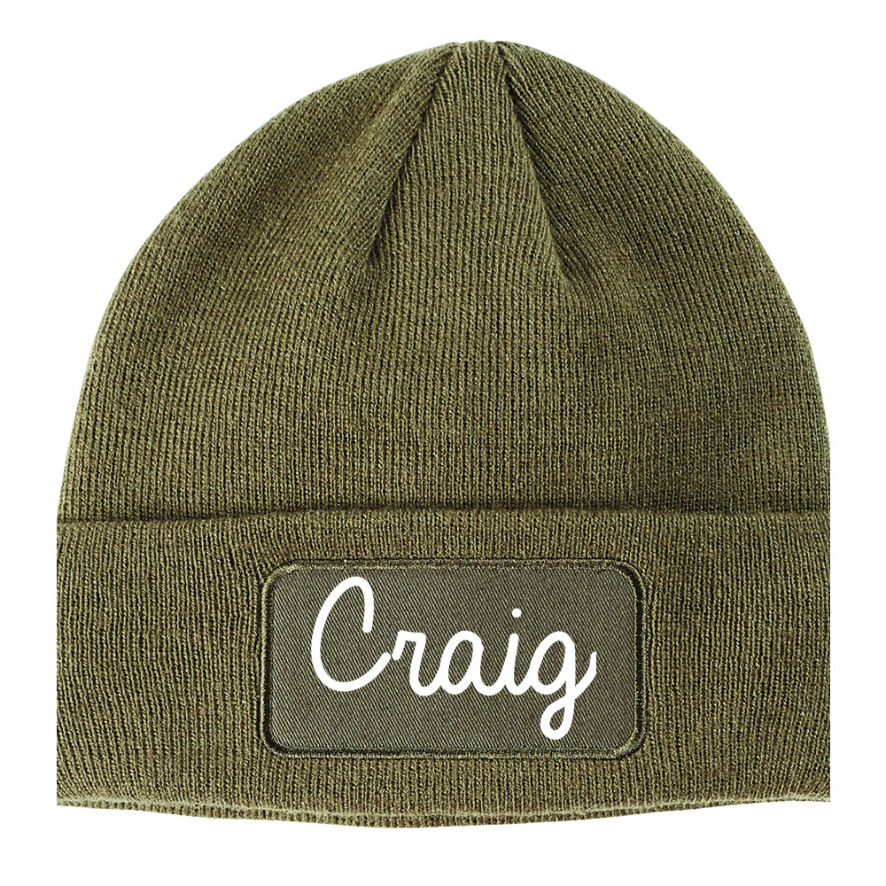 Craig Colorado CO Script Mens Knit Beanie Hat Cap Olive Green