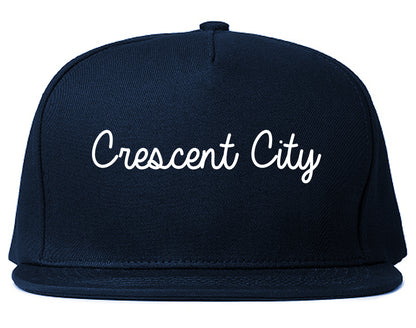 Crescent City California CA Script Mens Snapback Hat Navy Blue