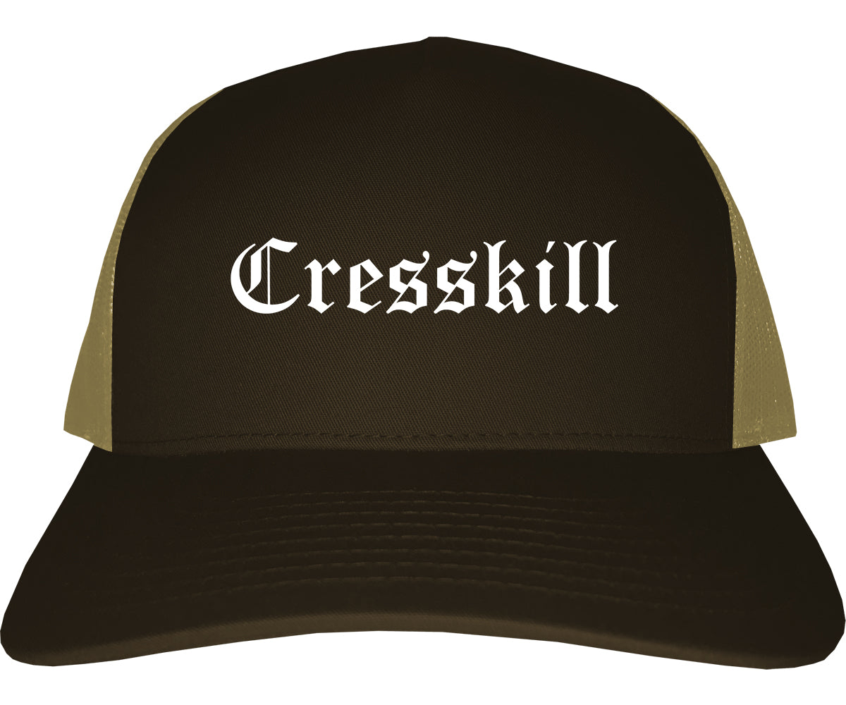 Cresskill New Jersey NJ Old English Mens Trucker Hat Cap Brown