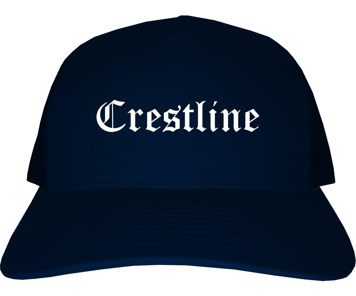 Crestline Ohio OH Old English Mens Trucker Hat Cap Navy Blue
